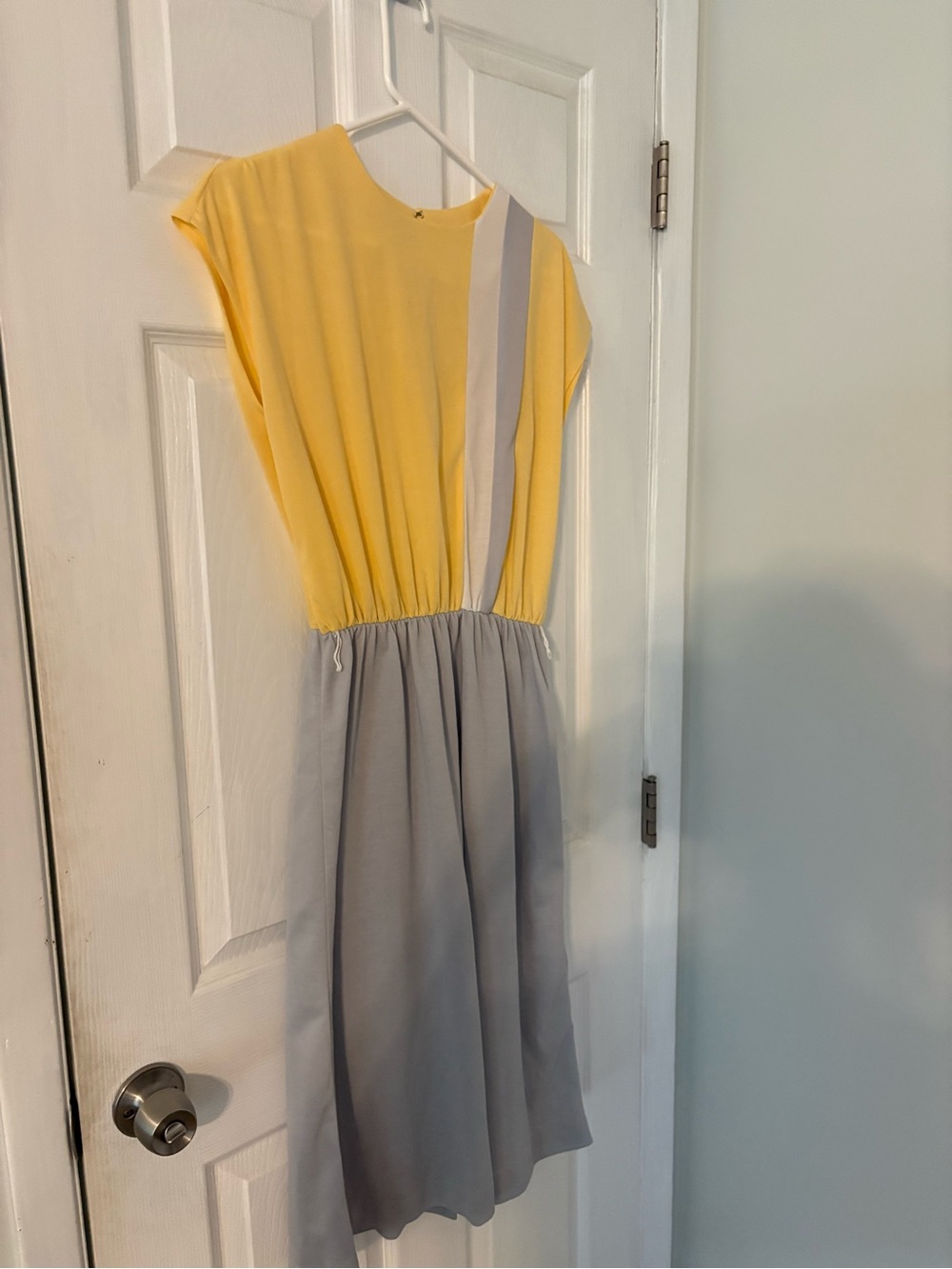 80s Vintage Colorblock Midi Dress Yellow Gray 16P - Picture 6 of 8